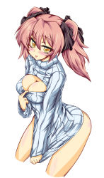 Rule 34 | 10s, 1girl, blush, bottomless, bow, breasts, bule night, cleavage, cleavage cutout, clothes tug, clothing cutout, hair bow, idolmaster, idolmaster cinderella girls, jougasaki mika, large breasts, meme attire, open-chest sweater, pink hair, short hair, smile, solo, sweater, sweater tug, tongue, tongue out, twintails, yellow eyes
