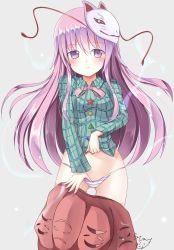 Rule 34 | 1girl, absurdres, bad id, bad pixiv id, clothes pull, hata no kokoro, highres, light purple hair, long hair, looking at viewer, mask, panties, panty pull, plaid, plaid shirt, purple eyes, ruriruno, shirt, signature, simple background, skirt, skirt pull, solo, striped clothes, striped panties, touhou, underwear