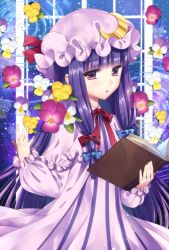 Rule 34 | 1girl, blue bow, blunt bangs, book, bow, crescent, crescent pin, flower, hair bow, hat, highres, holding, holding book, kirisita, lips, long hair, looking at viewer, mob cap, open book, pajamas, parted lips, patchouli knowledge, purple eyes, purple hair, red bow, solo, touhou