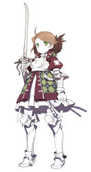 Rule 34 | 1girl, ahoge, armor, colored skin, female focus, full body, h2so4, holding, holding sword, holding weapon, legs apart, original, parted bangs, partially colored, simple background, solo, standing, sword, weapon, white background, white skin