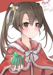 Rule 34 | 1girl, 9610 (kuroto), absurdres, alternate costume, artist name, bell, box, brown eyes, capelet, dated, fur-trimmed capelet, fur trim, gift, grey hair, highres, kantai collection, long hair, looking at viewer, one-hour drawing challenge, red capelet, solo, twintails, two-tone background, upper body, white background, zuikaku (kancolle)