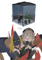 Rule 34 | 1girl, alternate costume, balcony, beret, black headwear, black shirt, black socks, brown eyes, carrying, carrying person, closed eyes, commentary request, crossover, diablomon, digimon, digimon (creature), fangs, gao, glass door, hands on lap, hands up, hat, hatoba tsugu, highres, jewelry, kneehighs, knees apart feet together, knees up, kokaki mumose, light blush, light brown hair, long sleeves, looking at viewer, medium hair, multiple views, on chair, open mouth, pendant, plant, potted plant, railing, shirt, simple background, sitting, sliding doors, smile, socks, translation request, tsugu (vtuber), turtleneck, virtual youtuber, white background