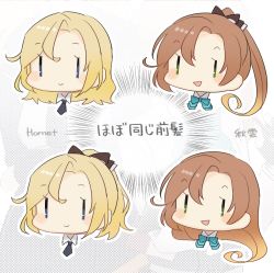 Rule 34 | akigumo (kancolle), alternate hairstyle, black neckwear, blonde hair, brown hair, chart, collar, commentary request, comparison, gradient hair, green neckwear, hair intakes, hair ribbon, hairstyle switch, head only, hornet (kancolle), kantai collection, long hair, multicolored hair, necktie, ponytail, ribbon, translation request, yamashichi (mtseven), | |