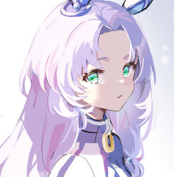 Rule 34 | 1girl, forehead, godolphin barb (umamusume), green eyes, grey background, highres, jacket, long hair, looking at viewer, looking to the side, mola mola, parted bangs, parted lips, portrait, purple hair, solo, umamusume, white background