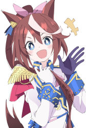 Rule 34 | :d, animal ears, asymmetrical gloves, black gloves, blue eyes, blush, brown hair, gloves, horse ears, horse girl, ixy, long hair, long sleeves, looking at viewer, mismatched gloves, multicolored hair, open mouth, ponytail, simple background, smile, solo, streaked hair, tokai teio (umamusume), umamusume, upper body, white background, white gloves, white hair