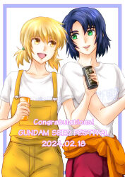 Rule 34 | 1boy, 1girl, athrun zala, blonde hair, blue hair, cagalli yula athha, can, clothes around waist, copyright name, couple, dated, drink, drink can, giving, giving food, green eyes, gundam, gundam seed, gundam seed freedom, holding, holding drink, official alternate costume, official alternate hairstyle, parubinko, shirt, shirt around waist, smile, white shirt, yellow eyes, yellow overalls