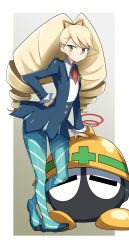 Rule 34 | 1girl, big hair, blonde hair, blue pantyhose, closed mouth, drill hair, full body, gin moku, hand on own hip, highres, long hair, luna platz (mega man), mega man (series), mega man star force, met (mega man), necktie, pantyhose, ribbon, simple background, striped clothes, striped pantyhose, sweatdrop, twin drills, twintails, yellow eyes