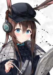 Rule 34 | 1girl, absurdres, amiya (arknights), amiya (newsgirl) (arknights), animal ears, arknights, ascot, black ascot, black coat, black hat, blush, brown hair, cabbie hat, closed mouth, coat, commentary, ears through headwear, emimeku, english commentary, frilled sleeves, frills, hair between eyes, hat, headphones, highres, holding, huge filesize, long hair, long sleeves, looking at viewer, newspaper, official alternate costume, open clothes, open coat, ponytail, rabbit ears, sidelocks, solo, spoilers, typo, upper body
