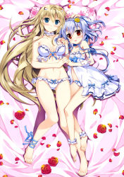 Rule 34 | 2girls, absurdres, ankle cuffs, ankle ribbon, barefoot, bed sheet, blonde hair, blue eyes, blue hair, blue ribbon, bra, breasts, choker, cleavage, collarbone, eyebrows, feet, flower, frilled bra, frilled panties, frills, from above, front-tie top, fujima takuya, groin, hair flower, hair ornament, hairband, highres, holding hands, interlocked fingers, kagamihara azumi, leg ribbon, long hair, looking at viewer, lying, medium breasts, multiple girls, navel, on back, open bra, open mouth, panties, red flower, ribbon, rigel (z/x), scan, small breasts, smile, strap slip, strapless, strapless bra, toes, underwear, underwear only, open bra, very long hair, white background, white hairband, white panties, yellow flower, z/x