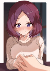 Rule 34 | 2girls, absurdres, blurry, blurry background, blush, breasts, collar, collarbone, earrings, framed, heart collar, highres, holding hands, jewelry, kootee-on, medium breasts, multiple girls, new game!, purple eyes, purple hair, short hair, sweater, tooyama rin, yagami kou