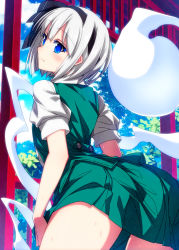 Rule 34 | 1girl, ass, black hairband, blue eyes, blush, closed mouth, colored eyelashes, commentary request, cowboy shot, day, from behind, green skirt, green vest, hairband, highres, hitodama, konpaku youmu, konpaku youmu (ghost), leaning forward, looking at viewer, looking back, outdoors, sazanami mio, shirt, short hair, short sleeves, silver hair, skirt, solo, thighs, torii, touhou, vest, white shirt