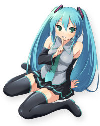 Rule 34 | 1girl, aqua eyes, aqua hair, bad id, bad pixiv id, bare shoulders, black thighhighs, boots, detached sleeves, finger to mouth, from above, hatsune miku, long hair, looking at viewer, oryo (oryo04), sitting, skirt, smile, solo, thigh boots, thighhighs, twintails, vocaloid, wariza