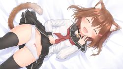 Rule 34 | 1girl, :d, ^ ^, animal ear fluff, animal ears, black skirt, black thighhighs, blush, bow, bow panties, brown hair, cat ears, cat girl, cat tail, closed eyes, clothes lift, commentary request, commission, fang, gluteal fold, hair between eyes, hair ornament, hairclip, highres, ikazuchi (kancolle), kantai collection, kemonomimi mode, lifted by self, long sleeves, lying, open mouth, panties, pixiv commission, sailor collar, school uniform, serafuku, short hair, skirt, skirt lift, smile, solo, tail, thighhighs, underwear, wamu (chartreuse), white panties