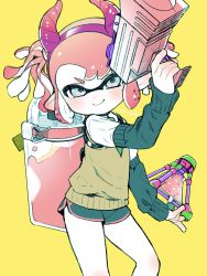 Rule 34 | 1girl, amezawa koma, black shorts, brown sweater vest, closed mouth, fake horns, green eyes, head tilt, heart, heart-shaped pupils, highres, holding, holding water gun, holding weapon, horned headwear, horns, ink tank (splatoon), inkling, inkling girl, inkling player character, long hair, looking at viewer, nintendo, orange background, pink hair, pointy ears, short hair, short shorts, shorts, simple background, smile, solo, splat bomb (splatoon), splatoon (series), splatoon 2, standing, sweater, sweater vest, symbol-shaped pupils, tentacle hair, twintails, twitter username, water gun, weapon