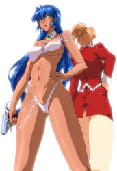 Rule 34 | 2girls, agent aika, aika (series), back-to-back, bare arms, bare legs, bare shoulders, bikini, blue hair, breasts, brooch, brown hair, closed mouth, collarbone, commentary request, covered erect nipples, detached collar, dual persona, earrings, enfuku, folded ponytail, gun, hand on own hip, handgun, holding, holding gun, holding weapon, jacket, jewelry, large breasts, lipstick, long hair, makeup, multiple girls, navel, panties, panty peek, pencil skirt, pistol, ponytail, red jacket, red lips, red skirt, shivie aika, skirt, standing, sumeragi aika, swimsuit, tan, thighs, transformation, underboob, underwear, weapon, white background, white panties, yellow eyes