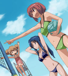 Rule 34 | 00s, 3girls, \o/, aisaka taiga, alternate hairstyle, arms behind head, arms up, ball, beach volleyball, bikini, blonde hair, blue hair, breasts, cleavage, day, double bun, dutch angle, hair bun, imo works, kawashima ami, kushieda minori, long hair, medium breasts, midriff, multiple girls, navel, o o, one-piece swimsuit, open mouth, outdoors, outstretched arms, pointing, ponytail, red hair, short hair, sitting, small breasts, smile, swimsuit, toradora!, volleyball, volleyball (object), whistle