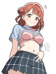 1girl blue_shirt blunt_bangs bow bow_bra bra bun_with_braided_base clothes_lift collared_shirt commentary cowboy_shot dress_shirt flying_sweatdrops grey_skirt hair_bun hair_ornament hairclip half_updo love_live! love_live!_nijigasaki_high_school_idol_club medium_hair miniskirt mukiryoku_bato navel neck_ribbon nijigasaki_school_uniform notice_lines pink_bow pink_bra pink_hair pink_ribbon plaid_clothes plaid_skirt pleated_skirt ribbon school_uniform shirt shirt_lift short_sleeves simple_background single_side_bun skirt solo stomach summer_uniform swept_bangs textless_version uehara_ayumu underwear weight_conscious white_background yellow_eyes