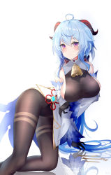 Rule 34 | 1girl, absurdres, ahoge, bare shoulders, bell, black gloves, black legwear, black leotard, blue hair, blush, bodystocking, bodysuit, bow, breasts, chinese knot, detached sleeves, flower knot, ganyu (genshin impact), genshin impact, gloves, gold trim, groin, highres, horns, large breasts, leotard, leotard under clothes, long hair, looking at viewer, neck bell, purple eyes, reflection, sideboob, sidelocks, solo, thighlet, thighs, vision (genshin impact), white sleeves, yunhe (1735226079)