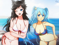Rule 34 | 2girls, ahri (league of legends), beach, bikini, blue eyes, blue hair, breasts, cleavage, esther shen, fox girl, large breasts, league of legends, looking at viewer, multiple girls, sona (league of legends), swimsuit, twintails