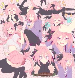 Rule 34 | &gt; &lt;, 1boy, ;d, = =, animal ears, arched back, arm warmers, astolfo (fate), astolfo (memories at trifas) (fate), astolfo (sailor paladin) (fate), bendy straw, black footwear, black legwear, black ribbon, black skirt, black sweater, blouse, blush, braid, carton, cat ears, cat tail, closed eyes, closed mouth, dress, drinking straw, eyes visible through hair, fang, fang out, fate/apocrypha, fate/grand order, fate (series), fish, food, hair between eyes, hair intakes, hair ribbon, hand to own mouth, hands up, happy, headpat, heart, heart in mouth, highres, holding, holding carton, holding food, hood, hoodie, lightning bolt symbol, loafers, long braid, long hair, long sleeves, looking at viewer, lying, male focus, milk carton, miniskirt, multicolored hair, multiple views, neckerchief, notice lines, official alternate costume, on stomach, one eye closed, open mouth, out of frame, pantyhose, paw print, paw print background, pink background, pink hair, pink neckerchief, pink skirt, pink tail, pink theme, plate, pleated skirt, profile, puffy short sleeves, puffy sleeves, purple eyes, purple hoodie, purple shirt, ribbon, school uniform, serafuku, shirt, shoes, short sleeves, single braid, sitting, skin fang, skirt, sleeves past wrists, slit pupils, smile, sparkle, srinitybeast, streaked hair, striped clothes, striped shirt, sweater, sweater dress, tail, tail ornament, tail ribbon, thighhighs, trap, v-shaped eyebrows, very long hair, white hair, white shirt, wide-eyed