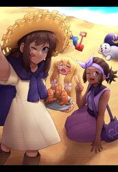 Rule 34 | 1other, 3girls, ;3, ;p, a hat in time, aged up, alternate costume, animal print, bad id, bad twitter id, bag, ball, beach, beachball, blonde hair, blue eyes, boots, bow, bow hairband, bow kid, brown footwear, brown hair, bucket, buried, cat print, closed mouth, collared dress, commentary, dark-skinned female, dark skin, dress, english commentary, fang, flower, food, food art, food with face, from above, hair flower, hair ornament, hair tie, hairband, hand on ground, handbag, hannesfkr, hat, hat kid, highres, holding, holding plate, jacket, jacket around neck, knee boots, long hair, looking at viewer, medium hair, multiple girls, mustache girl, nose bubble, ocean, one eye closed, open mouth, partially buried, plate, ponytail, purple bag, purple bow, purple dress, purple eyes, purple hairband, purple jacket, reaching, reaching towards viewer, sand, sand castle, sand sculpture, seal (animal), selfie, short hair, short sleeves, shoulder strap, shovel, sidelocks, sitting, sleeping, sleeveless, sleeveless dress, standing, straw hat, tako-san wiener, teeth, tongue, tongue out, upper teeth only, v, very dark skin, white flower, yellow dress, yellow hat, yokozuwari