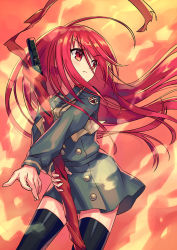 Rule 34 | 1girl, black thighhighs, bow, coat, fire, green sailor collar, green shirt, green skirt, highres, holding, holding sword, holding weapon, katana, light frown, long sleeves, miniskirt, red eyes, red hair, sailor collar, shakugan no shana, shana, shirt, skirt, solo, sword, thighhighs, v-shaped eyebrows, weapon, yagi2013, yellow bow, zettai ryouiki