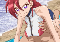 Rule 34 | 1girl, bare shoulders, barefoot, beach, grabbing another&#039;s breast, breasts, closed mouth, clothed female nude male, from above, grabbing, kyabakurabakufu, large breasts, light smile, long hair, looking at viewer, lying, nude, ocean, outdoors, precure, purple eyes, red hair, sand, shorts, sleeveless, smile, takizawa asuka, tropical-rouge! precure, water