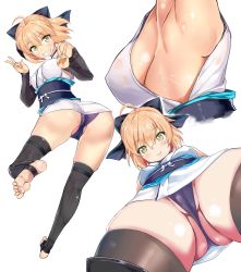 Rule 34 | 1girl, ahoge, armpits, ass, bad anatomy, barefoot, black panties, black thighhighs, blonde hair, bow, breasts, cameltoe, character sheet, commentary request, denden taiko, detached sleeves, double v, fate (series), feet, foreshortening, from below, full body, hair between eyes, hair bow, highres, japanese clothes, kimono, koha-ace, looking at viewer, multiple views, no bra, obi, okita souji (fate), okita souji (koha-ace), panties, revision, sash, short hair, short kimono, sideboob, sleeveless, sleeveless kimono, soles, thighhighs, thighs, toes, transparent background, twisted torso, underwear, v, white kimono