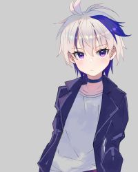 Rule 34 | 1girl, androgynous, blush, collar, collarbone, commentary, expressionless, flower (vocaloid), flower (vocaloid4), grey background, grey shirt, highres, jacket, light blush, looking at viewer, multicolored hair, note55885, purple eyes, purple hair, purple jacket, shirt, short hair, simple background, solo, standing, streaked hair, upper body, vocaloid, white hair