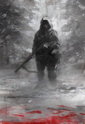 Rule 34 | 1boy, bad id, bad pixiv id, blood, forest, gun, gun sling, hood, male focus, military operator, nature, no eyes, original, realistic, rifle, scenery, scope, seafh, sniper, sniper rifle, snow, solo, tree, weapon, winter