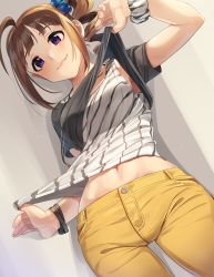 Rule 34 | 1girl, :3, ahoge, black shorts, blush, breasts, brown hair, clothes lift, clothes tug, drill hair, idolmaster, idolmaster million live!, idolmaster million live! theater days, kamille (vcx68), looking at viewer, medium breasts, midriff, pants, purple eyes, scrunchie, shirt, shirt lift, short hair, shorts, side drill, side ponytail, smile, solo, striped tank top, tank top, wrist scrunchie, yellow pants, yokoyama nao