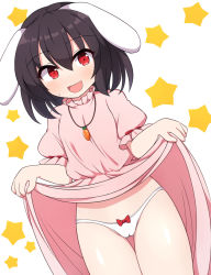 Rule 34 | 1girl, :d, animal ears, black hair, blush, breasts, cameltoe, carrot necklace, cleft of venus, clothes lift, commentary request, cowboy shot, dress, dutch angle, floppy ears, gluteal fold, hair between eyes, inaba tewi, jewelry, lifted by self, looking at viewer, medium hair, necklace, open mouth, pink dress, puffy short sleeves, puffy sleeves, rabbit ears, red eyes, rizento, short sleeves, simple background, skirt, skirt lift, small breasts, smile, solo, star (symbol), starry background, sweat, thigh gap, thighs, touhou, white background