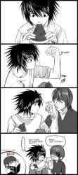 Rule 34 | 00s, 2boys, bags under eyes, comic, death note, english text, greyscale, l (death note), licking, long image, male focus, monochrome, multiple boys, spot color, tall image, yagami light, yaoi