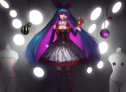 Rule 34 | 10s, 1girl, bad id, bad pixiv id, black sclera, colored inner hair, colored sclera, dark persona, dress, female focus, gradient background, green eyes, long hair, multicolored hair, panty &amp; stocking with garterbelt, solo, stocking (psg), striped clothes, striped thighhighs, thighhighs, two-tone hair, vinci