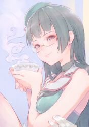 Rule 34 | 1girl, 1other, bare shoulders, beret, black hair, blush, breasts, brown eyes, choukai (kancolle), choukai kai ni (kancolle), cleavage, cup, glasses, gloves, hat, holding, holding cup, kantai collection, large breasts, long hair, looking at viewer, simple background, smile, solo focus, steam, tomamatto, upper body, very long hair, white gloves