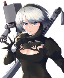 Rule 34 | 1girl, absurdres, black dress, blue eyes, breasts, cleavage, closed mouth, dress, hairband, highres, kaicchi, katana, looking at viewer, medium breasts, mole, mole under mouth, nier:automata, nier (series), short hair, silver hair, solo, sword, sword behind back, upper body, weapon, white background, 2b (nier:automata)
