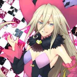 Rule 34 | 1girl, armpits, asymmetrical sleeves, blonde hair, blue eyes, checkered background, detached sleeves, green eyes, hat, long hair, looking at viewer, magilou (tales), mismatched sleeves, multicolored eyes, mzroas, pointy ears, signature, smile, solo, tales of (series), tales of berseria, upper body