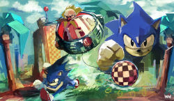 Rule 34 | 2boys, bald, ball, battle, cloud, daniel oduber, day, dr. eggman, dual persona, duel, facial hair, furry, furry male, gloves, grass, green hill zone, hedgehog, looking at viewer, multiple boys, mustache, realistic, ring (sonic), road, running, sega, signature, sonic (series), sonic the hedgehog, sonic the hedgehog (classic), sonic the hedgehog 1, sunglasses, tree, vehicle