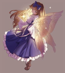 Rule 34 | 1girl, blue bow, blue dress, bow, brown eyes, brown footwear, brown hair, dress, fairy wings, full body, grey background, hair bow, highres, light smile, long hair, long sleeves, looking at viewer, shoes, simple background, solo, standing, star sapphire, touhou, transparent wings, wings, yamamomo (plank)
