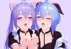 Rule 34 | 2girls, ahoge, animal ears, blue hair, blush, breasts, cat ears, choker, cleavage, cum, cum in mouth, curled horns, ganyu (genshin impact), genshin impact, heart, heart-shaped pupils, highres, horns, keqing (genshin impact), long hair, looking at viewer, maid, medium breasts, multiple girls, nose blush, one eye closed, open mouth, purple eyes, purple hair, sad81222700, saliva, saliva trail, symbol-shaped pupils, twintails, waiting for cum