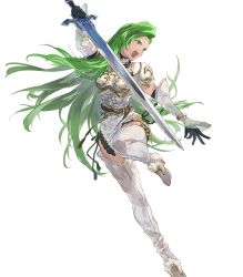 Rule 34 | 1girl, annand (fire emblem), armor, belt, black gloves, boots, breastplate, circlet, dress, elbow gloves, female focus, fire emblem, fire emblem: genealogy of the holy war, fire emblem heroes, full body, gloves, green eyes, green hair, high heels, highres, holding, holding sword, holding weapon, jewelry, long hair, matching hair/eyes, mayo (becky2006), nintendo, official art, open mouth, short dress, shoulder armor, sleeveless, solo, sword, thigh boots, thighhighs, transparent background, weapon, white dress, zettai ryouiki