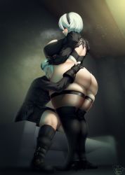 Rule 34 | 1boy, 1girl, 2b (nier:automata), 9s (nier:automata), artist name, ass, ass grab, backless outfit, black blindfold, black footwear, black shorts, black thighhighs, blindfold, blush, boots, breasts, coffeeslice, curvy, gloves, hairband, high heel boots, high heels, highleg, highleg leotard, highres, hug, huge ass, huge breasts, juliet sleeves, leather, leather boots, leotard, long sleeves, nier:automata, nier (series), plump, puffy sleeves, short hair, shorts, sitting, standing, thick thighs, thigh boots, thighhighs, thighhighs under boots, thighs, thong leotard, white gloves, white hair, white leotard, wide hips