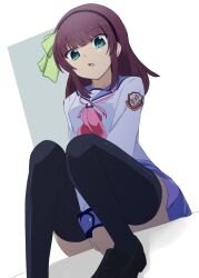 Rule 34 | 1girl, angel beats!, between legs, black footwear, black hairband, black thighhighs, blue sailor collar, blue skirt, blunt bangs, bow, commentary, covering privates, covering crotch, eyes visible through hair, feet out of frame, from below, green bow, green eyes, hair bow, hairband, hand between legs, highres, knees together feet apart, lelie (lelie link), loafers, long sleeves, looking at viewer, looking down, medium hair, miniskirt, nakamura yuri, neckerchief, open mouth, pink neckerchief, purple hair, sailor collar, shinda sekai sensen uniform, shirt, shoes, sidelocks, simple background, sitting, skirt, solo, straight hair, thighhighs, thighs, tsurime, v arms, white background, white shirt, zettai ryouiki