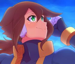 Rule 34 | 1girl, aile (mega man zx), black bodysuit, blue jacket, blue sky, bodysuit, bodysuit under clothes, brown hair, close-up, covered collarbone, green eyes, highres, jacket, long hair, looking up, mega man (series), mega man zx, mega man zx advent, nobuyu (77yusei), open clothes, open jacket, ponytail, robot ears, sky, solo