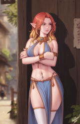 Rule 34 | 1girl, against wall, armlet, blonde hair, bracelet, breasts, commentary, crossed arms, english commentary, highres, jewelry, kara (karaeressea), lips, long hair, medium breasts, multicolored hair, navel piercing, original, pelvic curtain, personal ami, piercing, pointy ears, red eyes, red hair, signature, solo, thighhighs, two-tone hair, white thighhighs