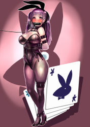Rule 34 | 1girl, animal ears, arms behind back, bdsm, bit gag, blush, bondage, bound, bound arms, bound legs, breasts, brown eyes, card, cleavage, collar, covered navel, dodai shouji, fake animal ears, female focus, gag, gradient background, high heels, highres, large breasts, leash, leather, legs, legs together, leotard, long hair, looking at viewer, matching hair/eyes, pantyhose, playboy bunny, playing card, purple eyes, purple hair, rabbit ears, rabbit tail, saliva, skindentation, solo, standing, strap, tail, thighs, third-party edit, twintails