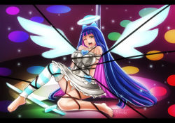 Rule 34 | 10s, 1girl, barefoot, bdsm, blue eyes, bondage, bound, colored inner hair, feet, halo, heart, letterboxed, long hair, multicolored hair, one eye closed, open mouth, panties, panty &amp; stocking with garterbelt, qblade, single thighhigh, solo, stocking (psg), striped clothes, striped panties, striped thighhighs, stripes i &amp; ii, sword, tears, thighhighs, two-tone hair, underwear, very long hair, weapon, wings, wink