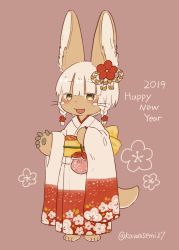 Rule 34 | 1girl, 2019, brown eyes, furry, furry female, happy new year, highres, japanese clothes, made in abyss, nanachi (made in abyss), new year, open mouth, solo, white hair