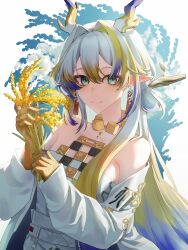 Rule 34 | 1girl, absurdres, arknights, bare shoulders, belt, blonde hair, blue eyes, closed mouth, dragon girl, dragon horns, earrings, green eyes, hair between eyes, hair intakes, hands up, highres, holding, holding plant, horns, jacket, jewelry, light smile, long hair, long sleeves, looking at viewer, multicolored hair, necklace, off shoulder, open clothes, open jacket, plant, pointy ears, purple horns, shu (arknights), solo, strapless, tube top, upper body, wheat, white belt, white hair, white horns, white jacket, white tube top, yellow horns, zizhilemne