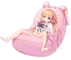 Rule 34 | 10s, 1girl, bare legs, barefoot, bean bag chair, bike shorts, blonde hair, blush, cellphone, clothes writing, feet, futaba anzu, handheld game console, idolmaster, idolmaster cinderella girls, long hair, low twintails, lying, mouth hold, nullken, on back, phone, playing games, playstation vita, shirt, smartphone, soles, solo, spread legs, striped bike shorts, striped clothes, stuffed animal, stuffed rabbit, stuffed toy, t-shirt, toes, twintails, you work you lose